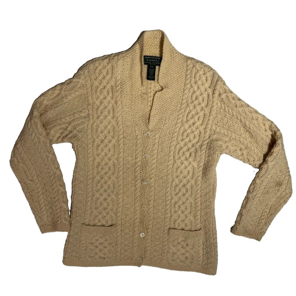 LAUREN RALPH LAUREN Hand Knit 100% Wool Fisherman Cable Knit Cardigan Sweater SM